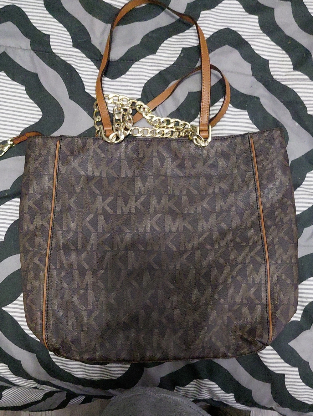 Michael Kors Brown MK Logo Tote with Gold Chain Straps